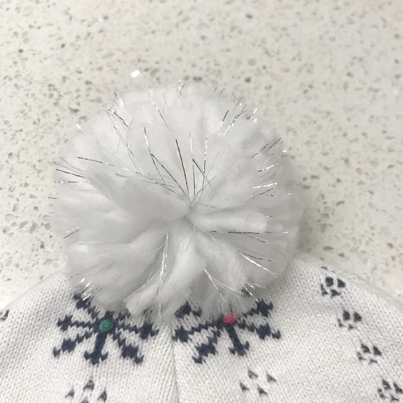 Kids Youth White & Navy Snowflake Pom Pom Beanie With Rainbow Dots - Picture 3 of 8